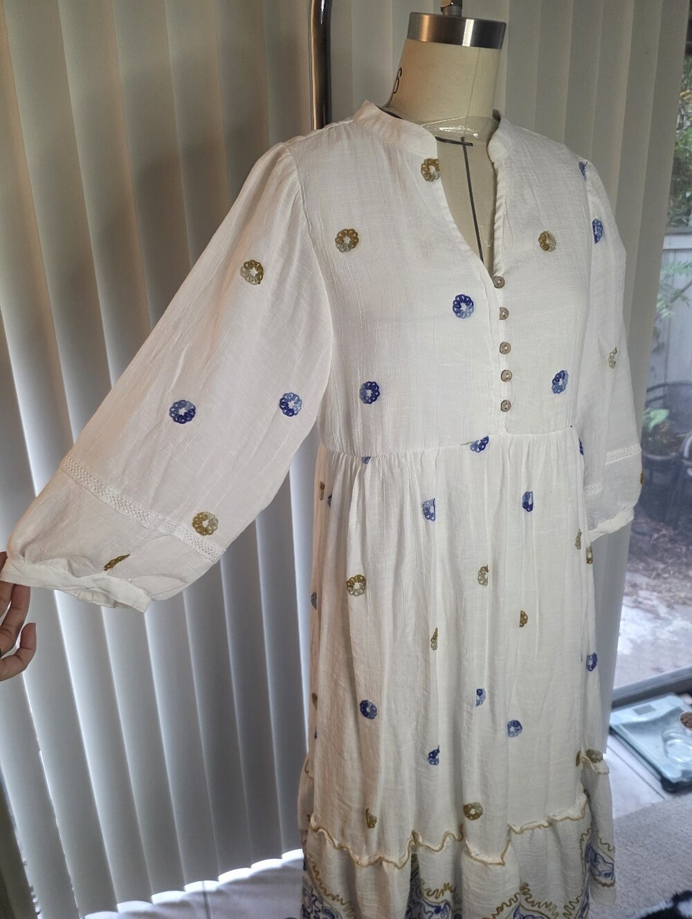 fig and flower White Maxi Dress with Blue & Gold Embroidery